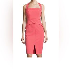 Salmon Coral Textured Halter Peplum Pinup Center Slit Dress